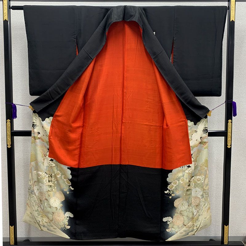 410aa10◇Kimono アンティーク着物 両褄 江戸褄 黒留袖 鶴 松竹梅 菊 御所車 金糸 刺繍 大正ロマン 昭和レトロ 和洋MIXコーデ ジュニアにも◇状態良好