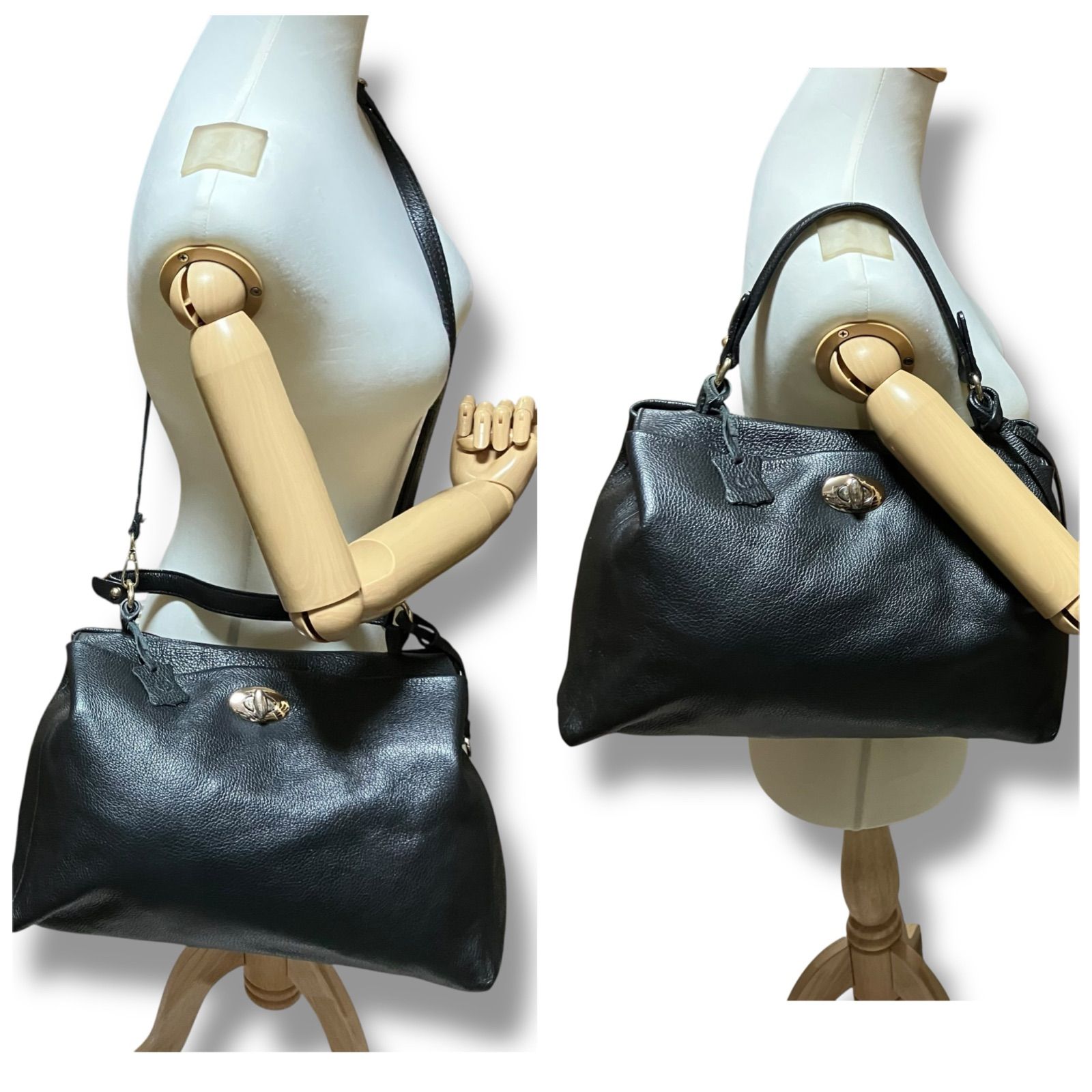ASHELEN ハンドバッグ 2way ターンロック レザー 黒 1364 ASHELEN ハンドバッグ 2way ターンロック レザー 黒 1364 - メルカリ
