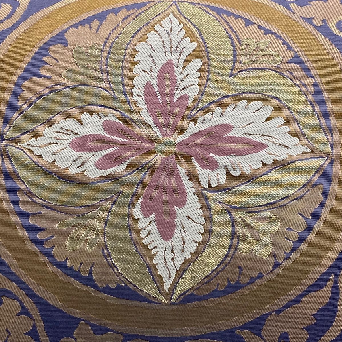 袋帯 洛風林 落款 花 市松 箔 金糸 青紫 お太鼓柄 正絹