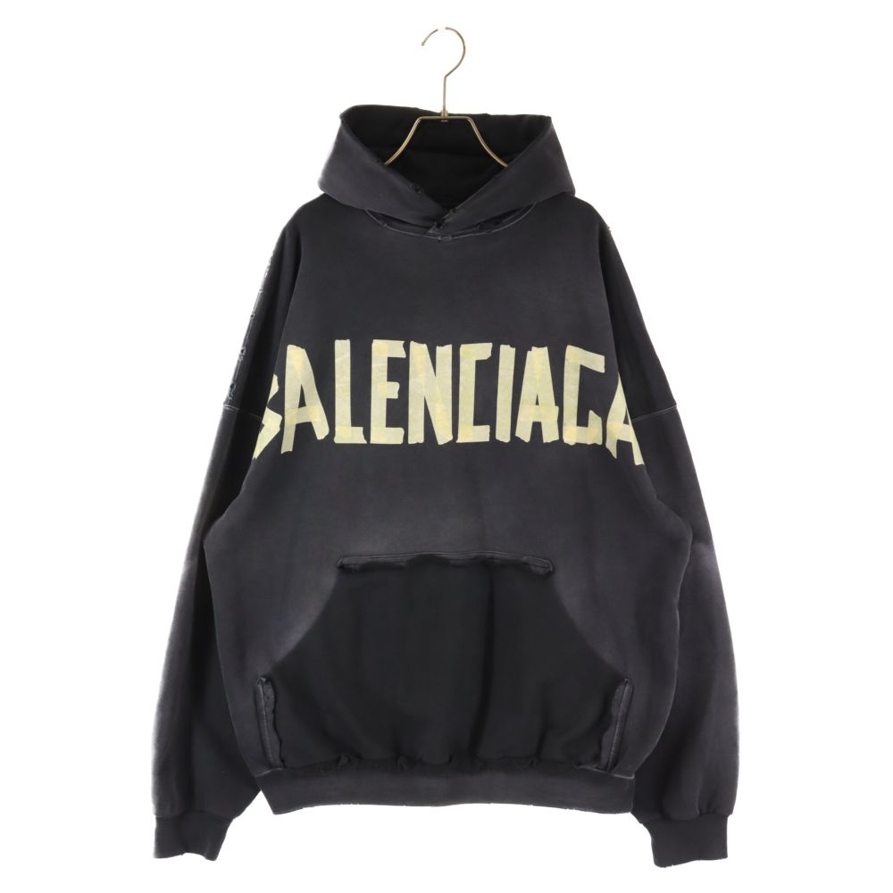 BALENCIAGA (バレンシアガ) 23SS TAPE TYPE RIPPED POCKET OVERSIZED HOODIE 744190  T0VB1 テープロゴプリントダメージ加工スウェットプルオーバーフーディ パーカー ブラック - メルカリ