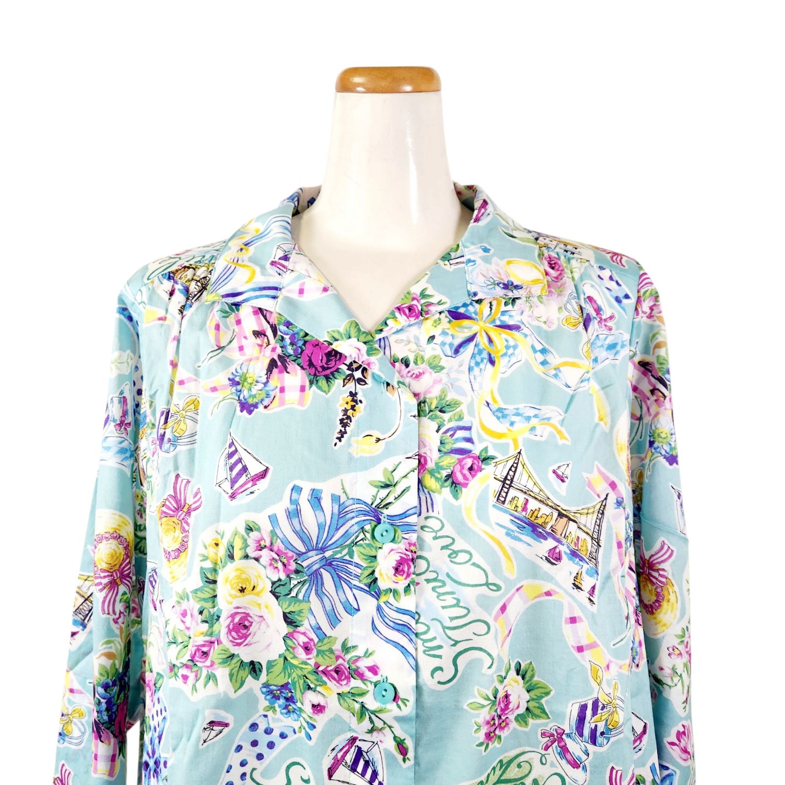 夏物入荷 鴨居羊子 TUNIC 襟付き 長袖 羽織り 全開 シャツ ブラウス 80ローン大リボン ミント色 89107