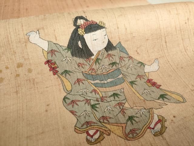 平和屋着物○友禅作家 藤井一乃和 太鼓柄袋帯 紬地 手描き 童子遊び  