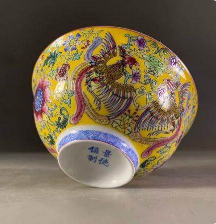 パステル彩堆花双鳳呈祥高脚碗 景徳鎮 陶磁器 装飾品 現代工芸品