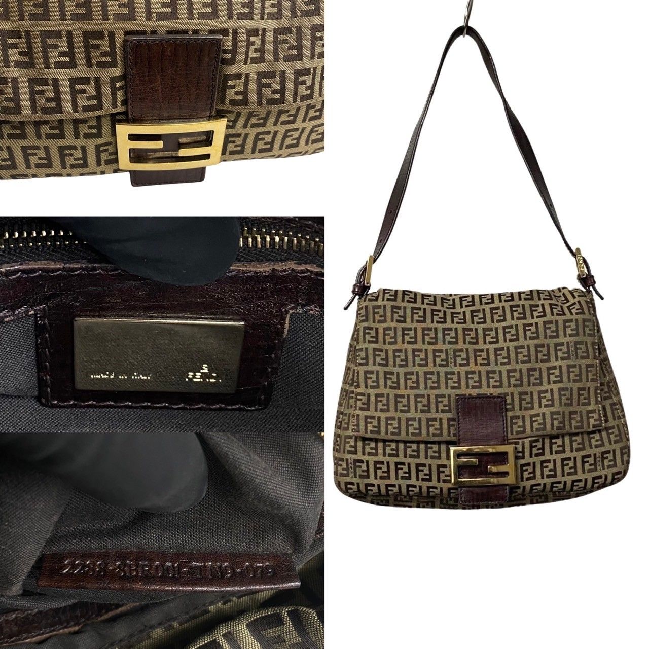 極 美品 FENDI フェンディ マンマバケット ズッキーノ FF 柄 キャンバス レザー 本革 セミ ワン ショルダーバッグ ブラウン 97253  - メルカリ