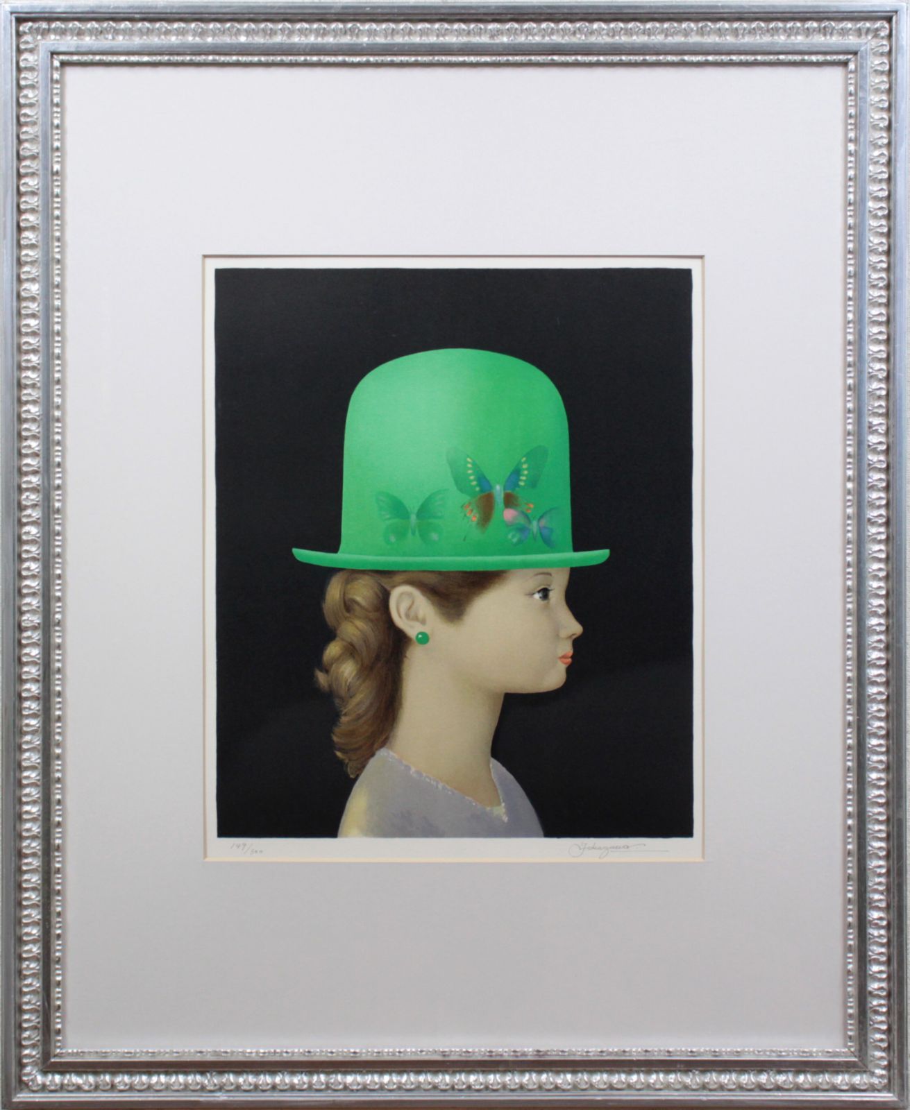 深沢邦朗『緑の帽子の少女』リトグラフ【真作保証】 絵画