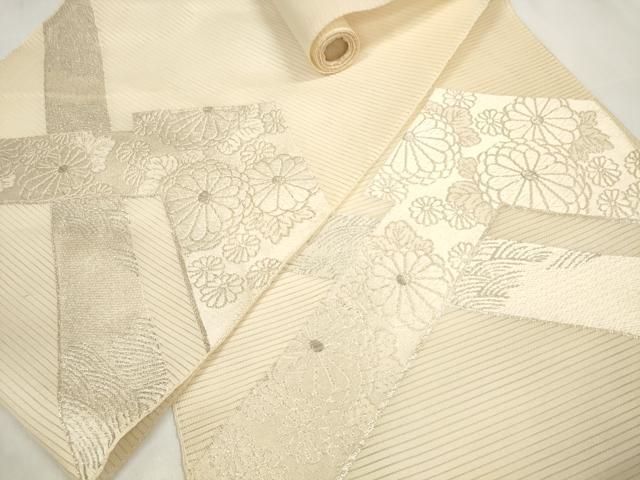 平和屋着物＊夏物　西陣　ふくい謹製　名古屋帯　帯反物　絽綴れ　菊　青海波　銀糸　証紙付き　逸品　未使用　DAAW7819zzz 平和屋着物＊夏物 西陣 ふくい謹製 名古屋帯 帯反物 絽綴れ 菊 青海