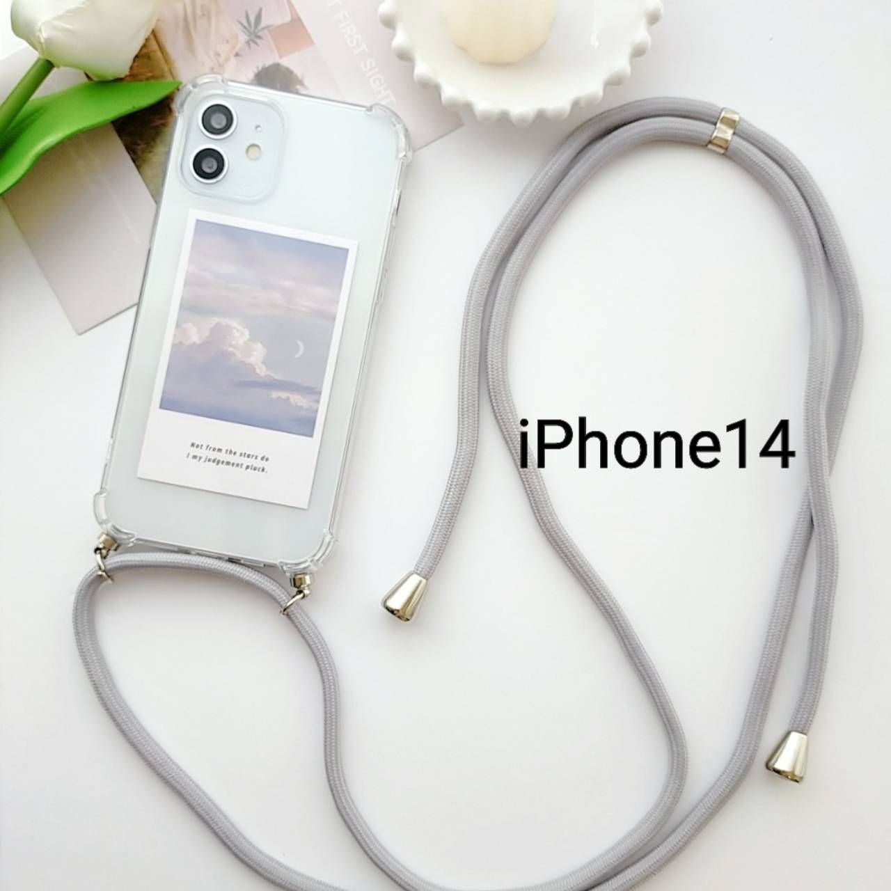 iPhone14 iphoneケース ショルダー ストラップ ライトグレー 紐 韓国