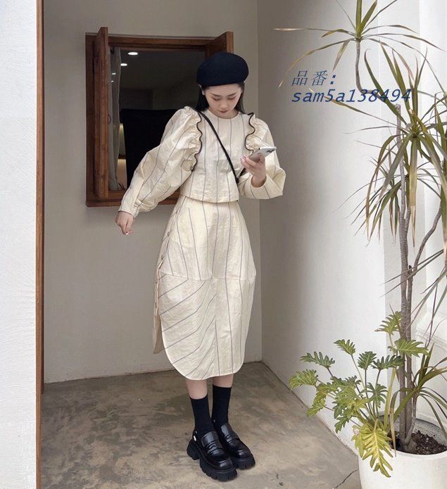 セットアップ ブラウス スカート 韓国 ストリート オルチャン 長袖 ストライプ柄 レディース 原宿系衣装 am5a138494