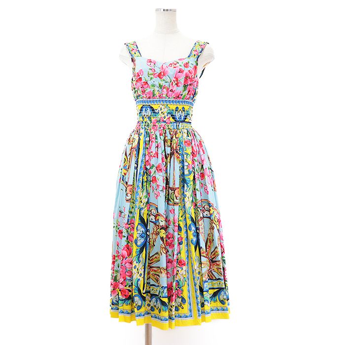 ♥ DOLCE-GABBANA ドルチェアンドガッバーナ ワンピース コットン100％ スモックウエスト フローラル プリント プリーツ フ ドレス レディース サイズ 38 マルチカラー マヨリカ シチリア イタリア製