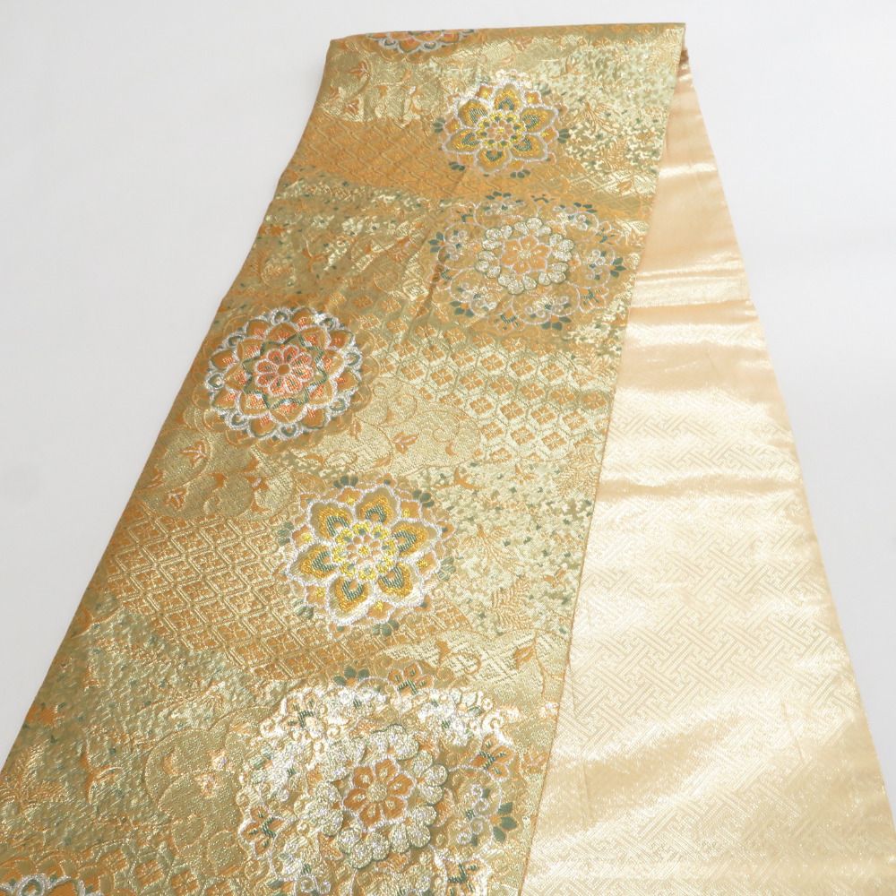 袋帯 正絹 寿賀多錦 九百織 金色ｘ緑色 金糸銀糸 華文紋様 六通柄 フォーマル 礼装 長さ440cm【中古】 【キモノオフ野々市若松店】 袋帯 正絹 寿賀多錦 九百織 金色x緑色 金糸銀糸 華文紋様 六通柄