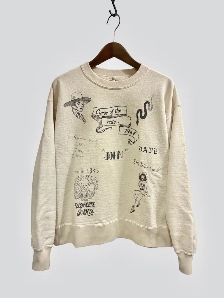 ♥品 BIG JOHN ビッグジョン | ハンドレタリングプリント クルーネックスウェットシャツ| ナチュラル | MTE013 Hand- paint style CREWNECK SWEATSHIRT Mサイズ