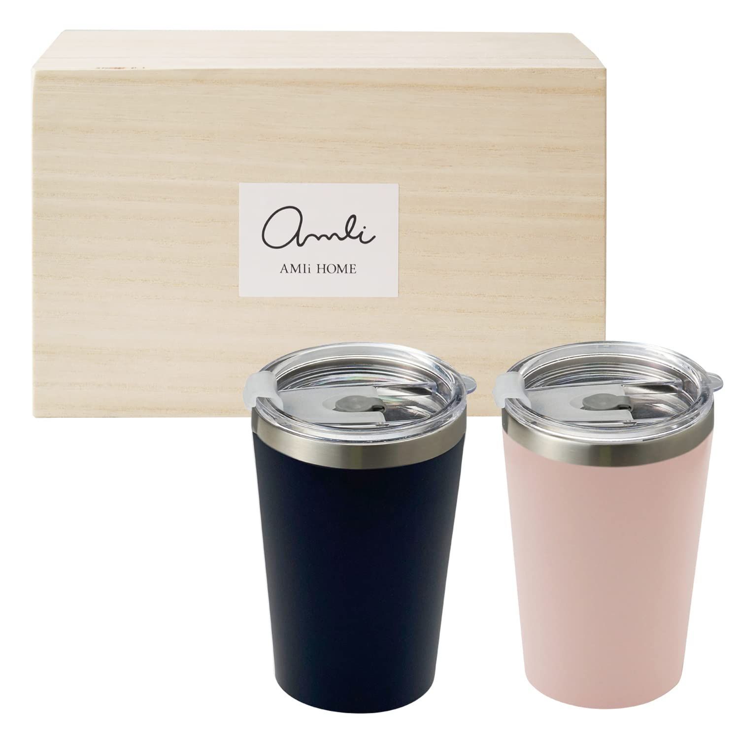 Dolce duo サーモタンブラー ふた付 保温 保冷 ステンレス 真空断熱 二重構造 カップホルダー 400ml 2個セット ピンク ネイビー コンビニカップ カップコーヒー テイクアウト ギフトセット 木箱入 DAM-228