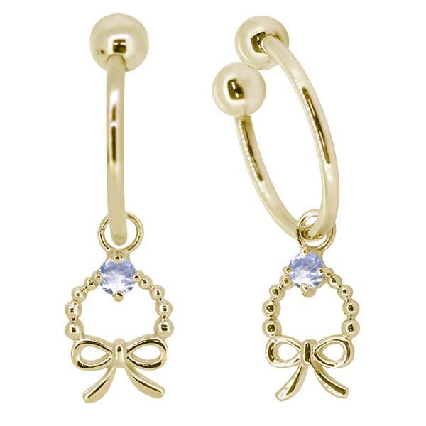 イヤリング 揺れる リボン レディース k18 6月誕生石 ロイヤルブルームーンストーン ノンホールピアス フープ 両耳用 かわいい おしゃれ クリップ式 フープ 痛くない 上品【受注生産の為8～10