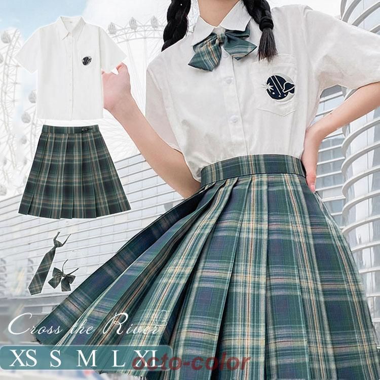 コスプレ 制服 セット なんちゃって制服 高校生 女子高生 jk制服 ネクタイ リボン スカート 入学式 スカート チェック柄 ブラウス スーツ  グリーン 卒業式 プリ - メルカリ
