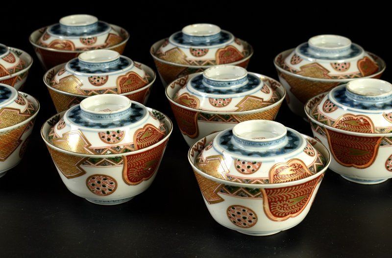 蔵A 5223 b 伊万里 染錦 蓋茶碗 蓋物 十客