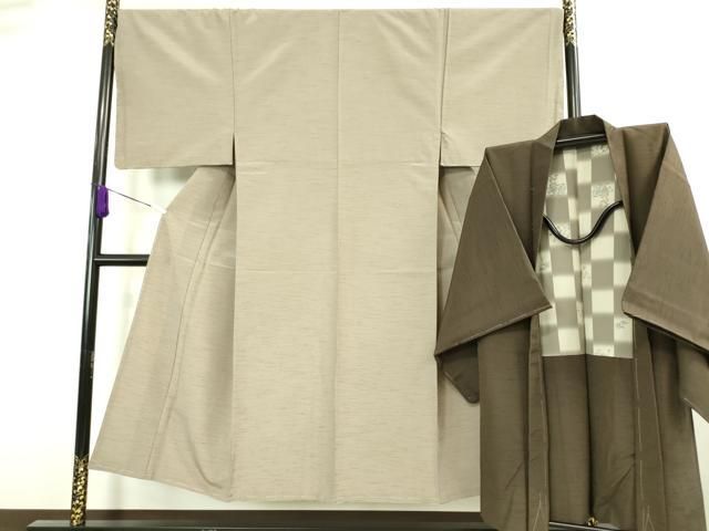 平和屋着物□極上 男性 紬 アンサンブル 長羽織 着物・生壁色 羽織