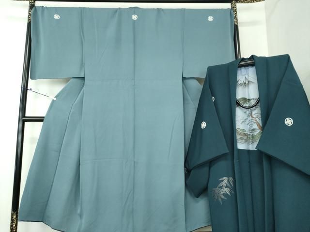 平和屋着物●男性 色紋付 羽織セット キングサイズ 長羽織 着物 御召御納戸色 羽織 百入茶色 正絹 DAAV6859ps