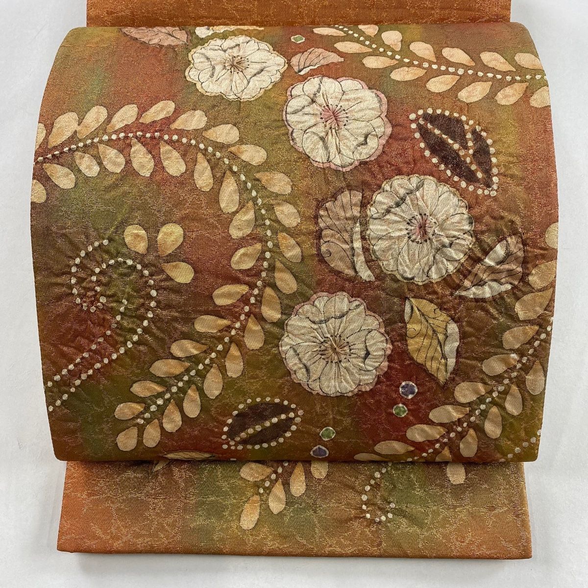 袋帯 秀品 落款 辻が花 箔 金糸 オレンジ お太鼓柄 正絹