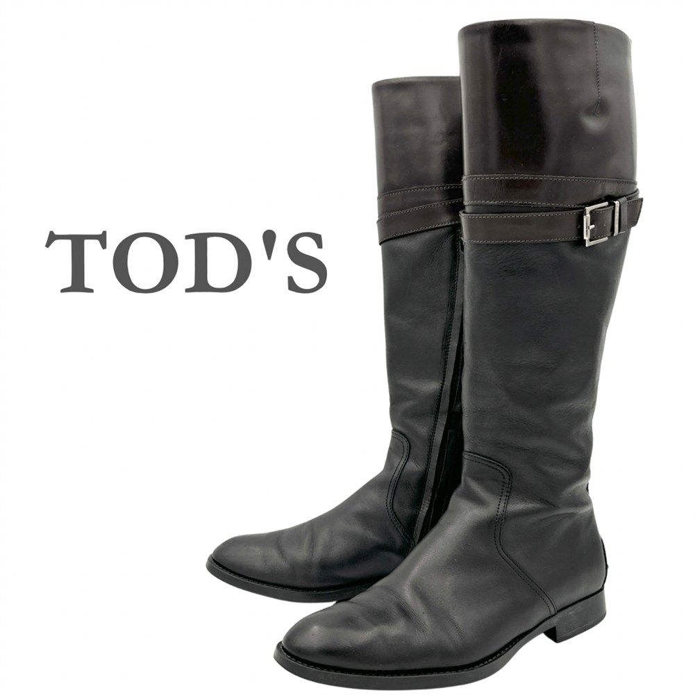 TOD S ロングブーツ 本革 サイドジップ ベルト ブラック 1696T