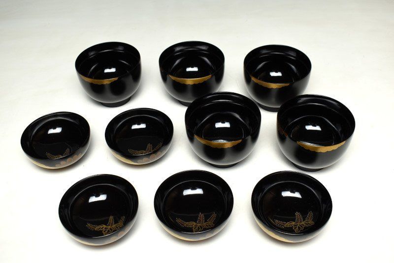 蔵A2668c】輪島 慶塚作 黒蝋色菊桐蒔絵吸物椀 汁椀 五客 共箱 茶