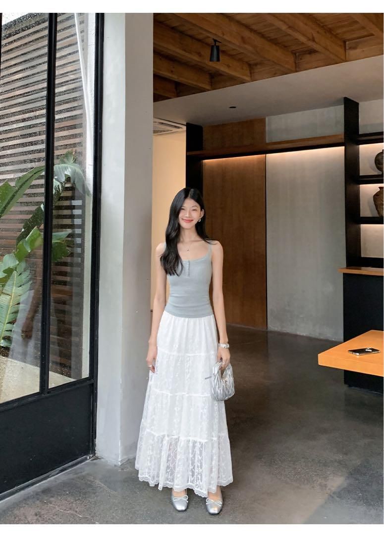 ♥ ホワイトレースロングスカート 妖精可愛いメッシュケーキスカートモテ服