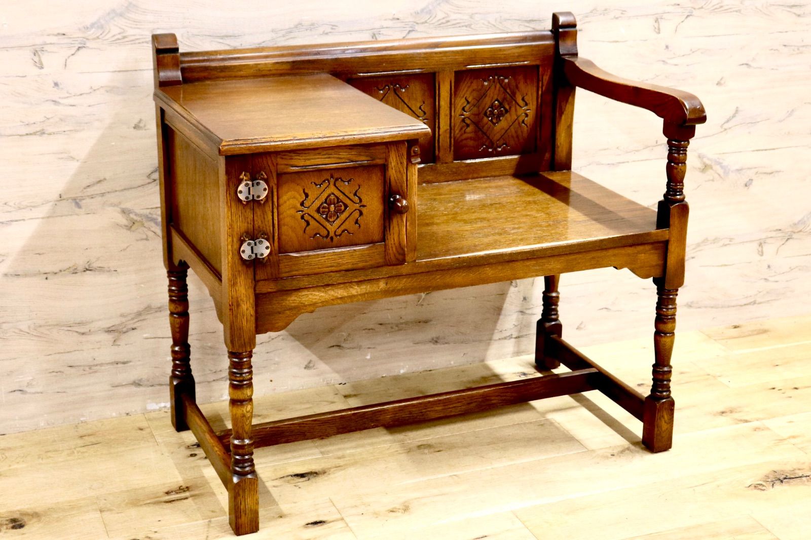 GMIS283 西洋アンティーク イギリス テレフォンベンチ チェア 椅子 レトロ ヨーロピアン クラシック ヴィンテージ オーク無垢材