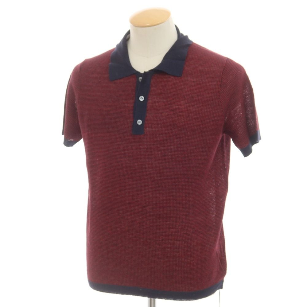 新品】ザノーネ ZANONE リネン 半袖 ポロニット レッドxネイビー  