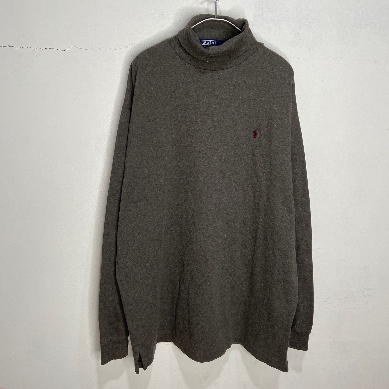 90sUSA製RalphLaurenラルフローレンタートルネックロンT長袖ポニーマークワンポイントロゴグレーXLA24M