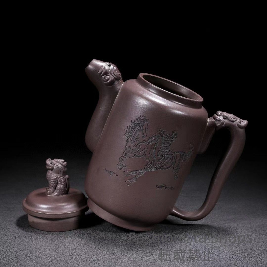 中国古玩 ?龍馬精神壺?原鉱紫泥?宜興紫砂壺?紫砂手彫?顧景舟紋?茶壺?
