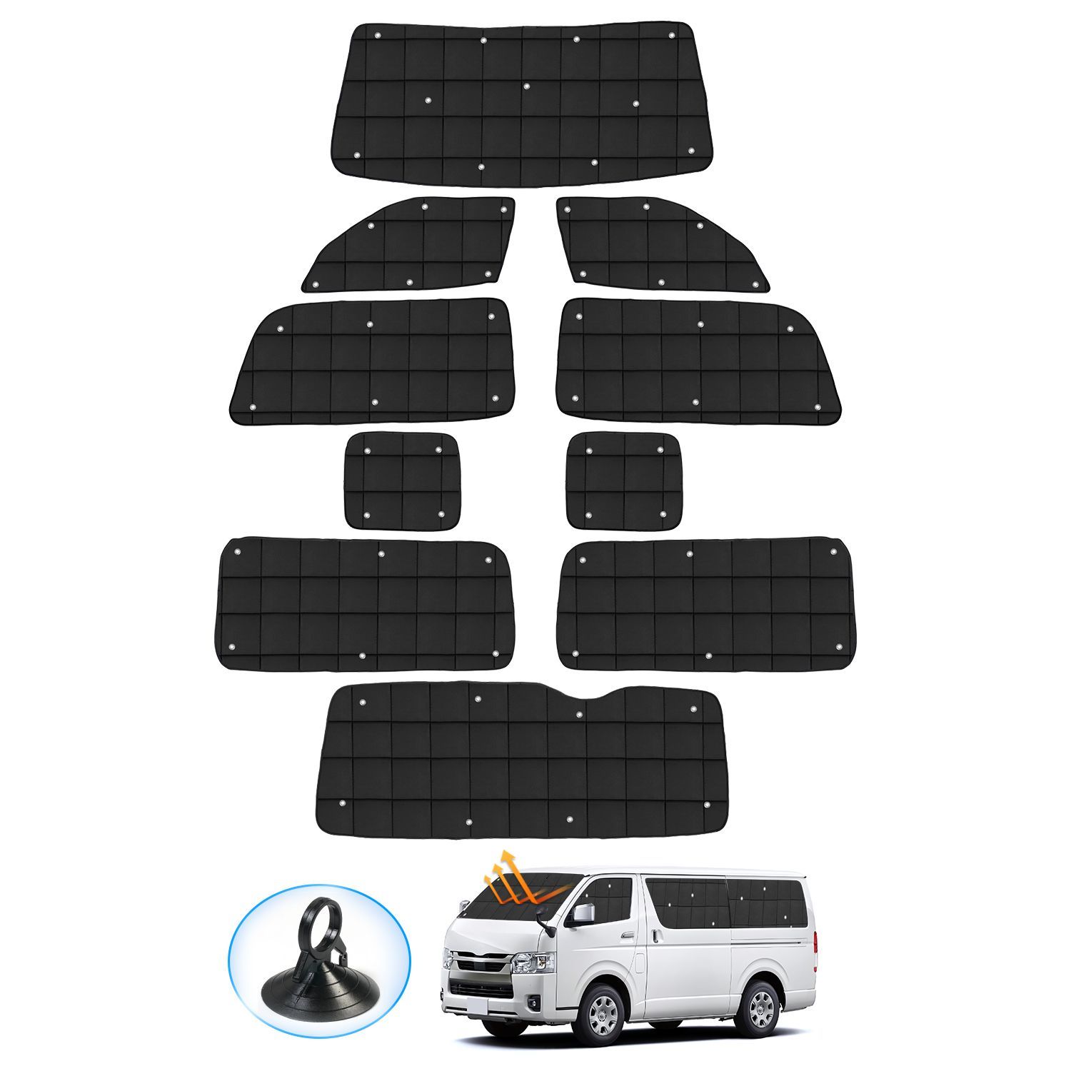 ハイエース 200系 ワイド車 サンシェード 1台分 プライバシー マルチサンシェード HIACE ワイドボディー スーパーロングバン用 車中泊 断熱遮光 折り畳み式 盗難対策 日除け 紫外線対策 アウトドア 収納袋-吸盤付き 10PCSセット
