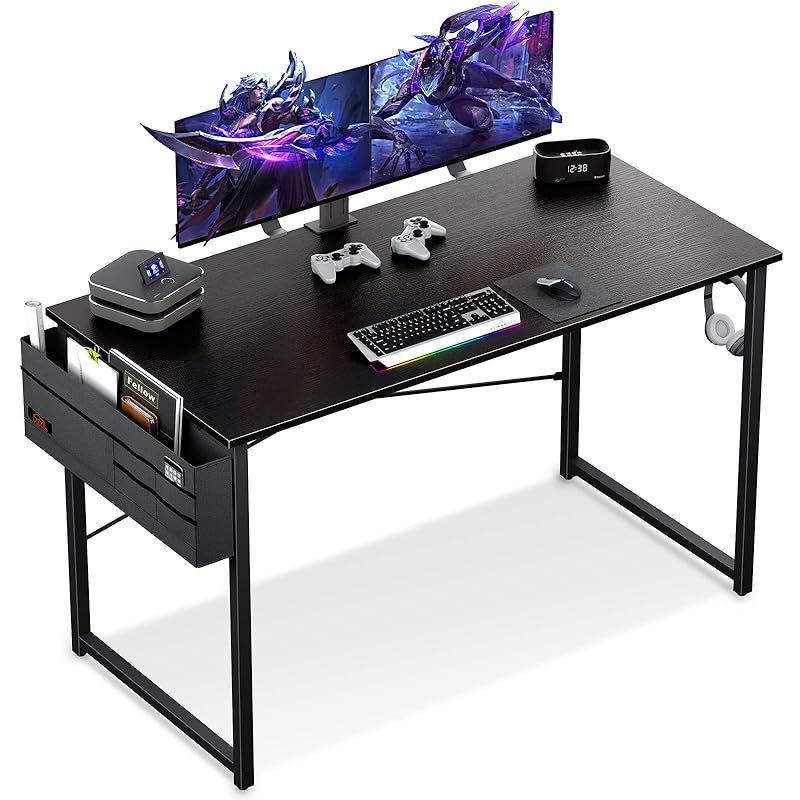 KKL ゲーミングデスク パソコンデスク 収納袋付き 幅120×奥行55cm 机 pcデスク 勉強机 フック付き ?子 ワークデスク オフィスデスク desk 仕事用 在宅ワーク シンプル 組立簡単 モニターアーム取