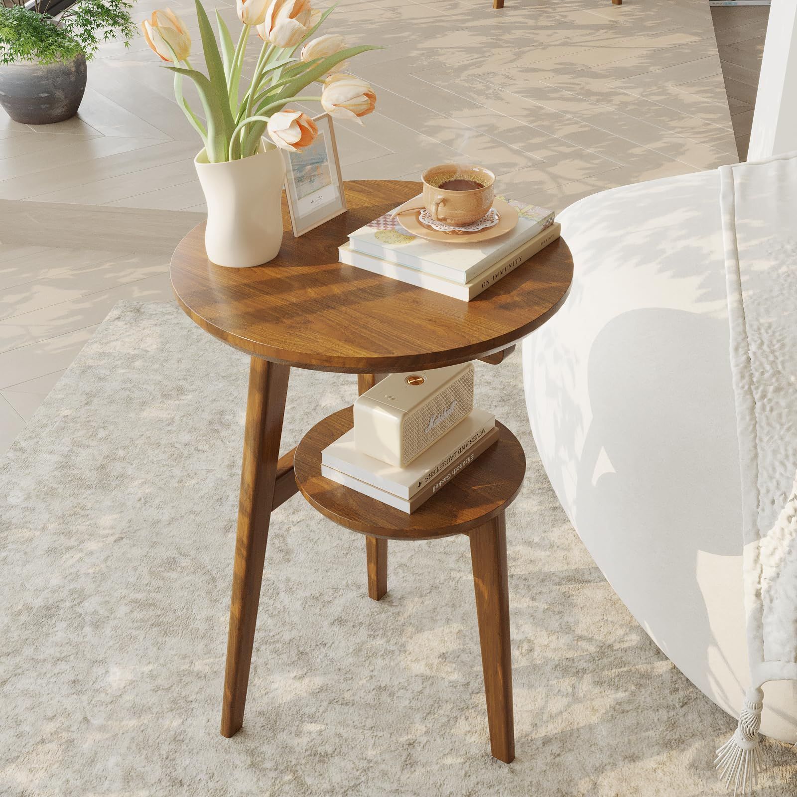 40*40*60cm ベッドルーム リビングルーム 一人暮らし お手入れが簡単 茶色 防水性 組立簡単 耐久性 北欧風 おしゃれ 観賞植物置き 小物置き 多機能 二段棚付き ダイニングテーブル サイドテーブル サイドテーブル ベッド横 コーヒーテーブル 丸
