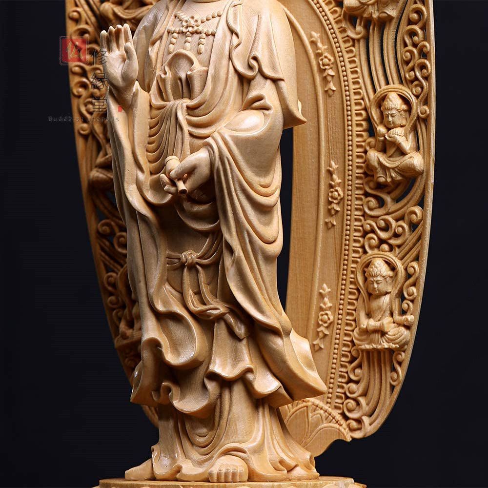 修縁堂】木彫り 仏像 観音菩薩立像 精密彫刻 一刀彫 天然木檜材 仏師で 