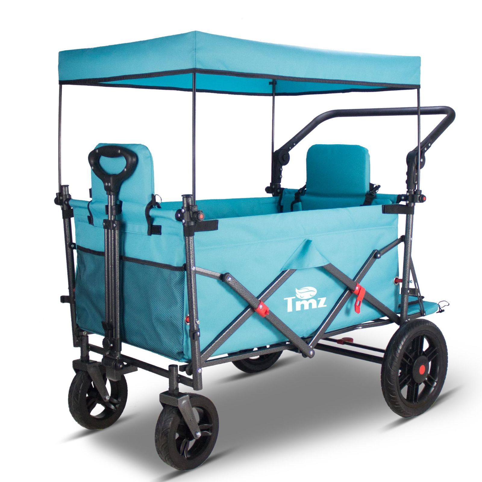 人気商品 折りたたみ式 キャリーワゴン アウトドアワゴン シートとシートベルト付き多機能カート 荷室拡張 フロントハンドル リアプッシュハンドル 四輪取り外し ストッパー付き TMZ 耐荷重120kg ターコイズ色