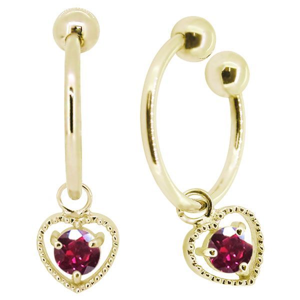 ハート イヤリング k18 ノンホールピアス 揺れる 7月誕生石 ルビー イヤーカフ 18k 両耳用【受注生産の為8～10営業日程度で発送】