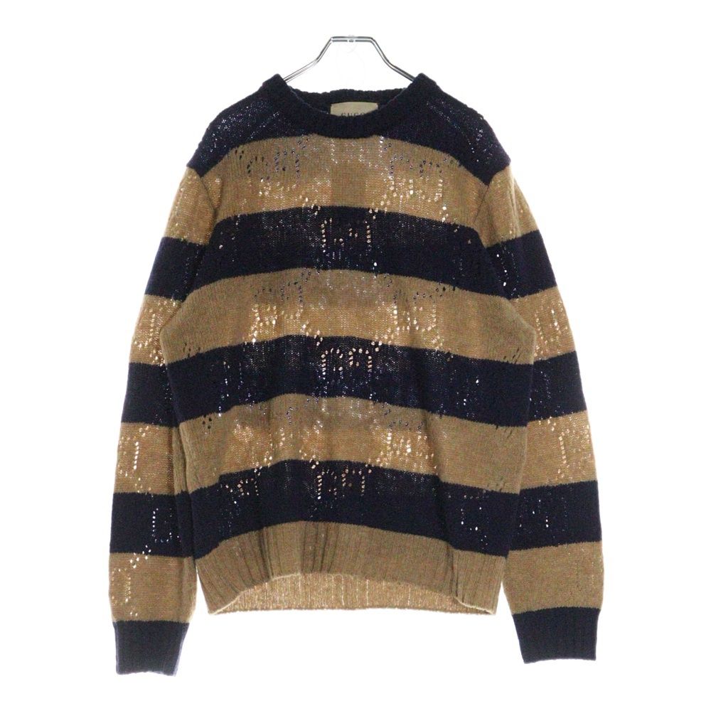 GUCCI (グッチ) GG柄ボーダーウールニットセーター ブラウン