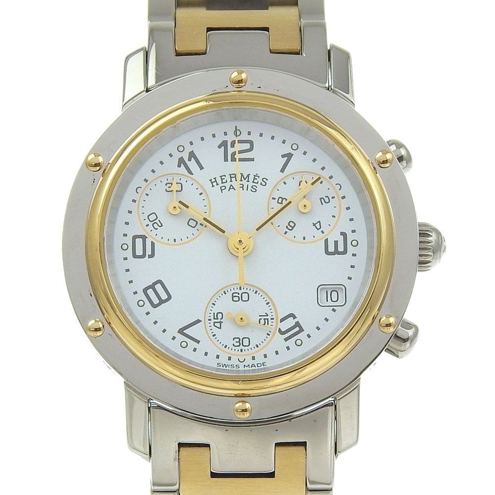 HERMES エルメス クリッパー クロノグラフ cal.251.471 CL1.320 ステンレススチール×金メッキ クオーツ クロノグラフ ユニセックス ホワイト文字盤 腕時計