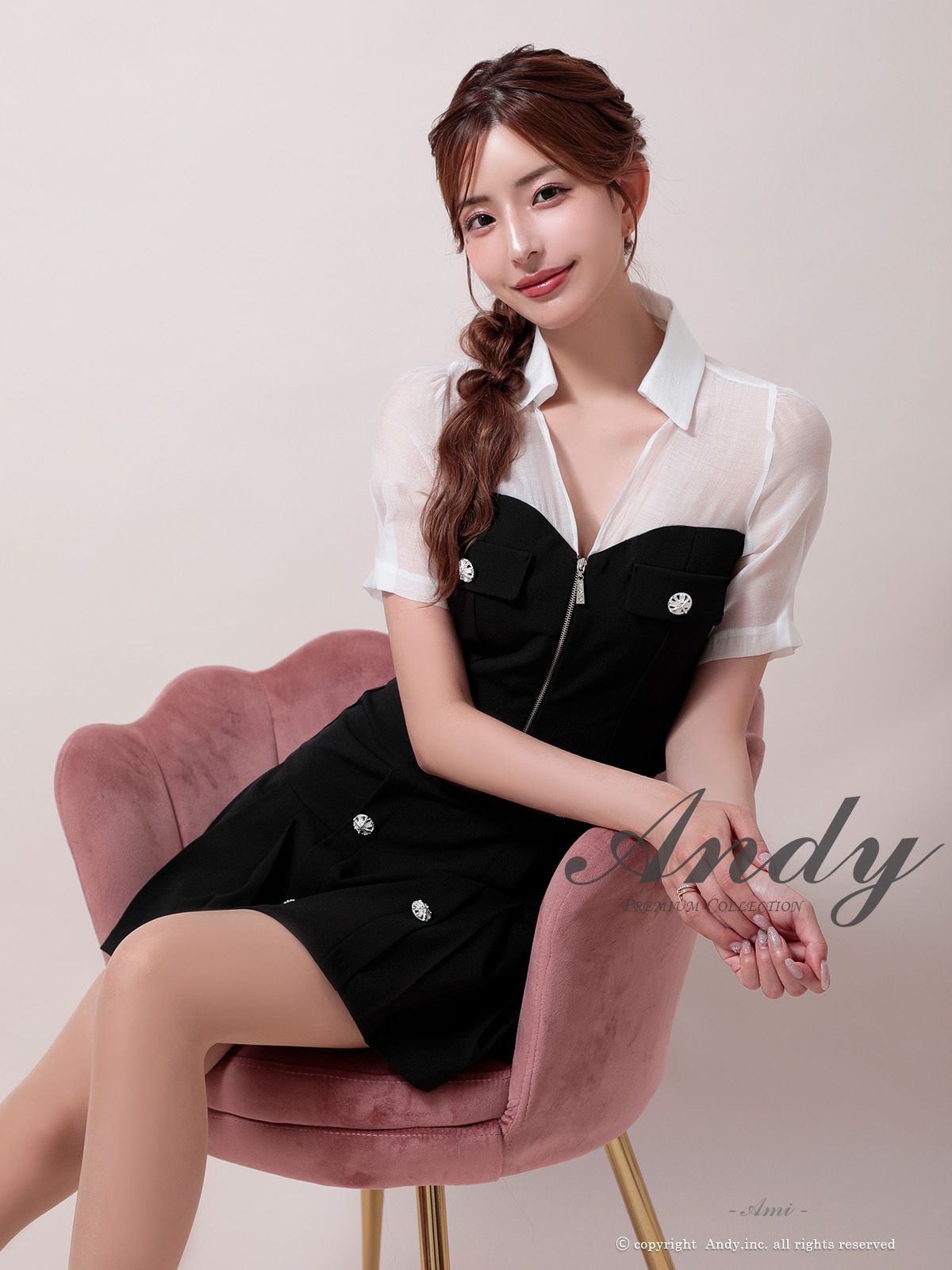 ブラック OK2979-GY-2508 XSサイズあり ANDY|アンディ 襟付き| 重ね着風| ビジューボタン| フロントジッパー| バイカラー| 半袖| 袖あり| プリーツ| フ | セットアップ| ミニドレス| キャバドレス