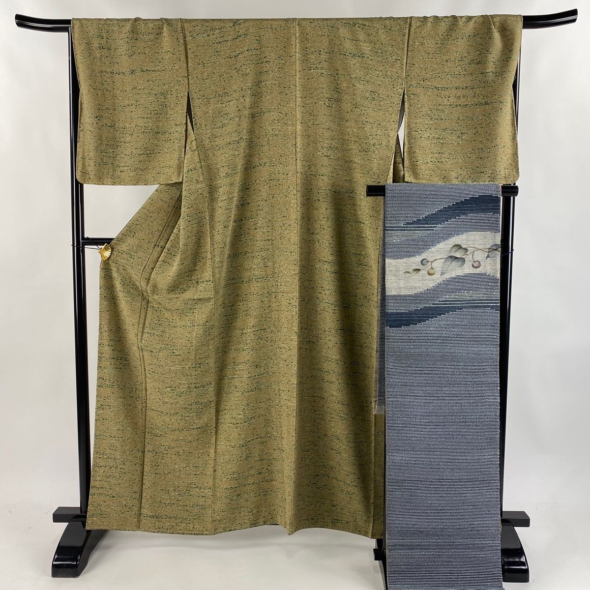 小紋 身丈162.5cm 裄丈68.5cm L 袷 袋帯セット 幾何学 茶緑色 正絹 秀品