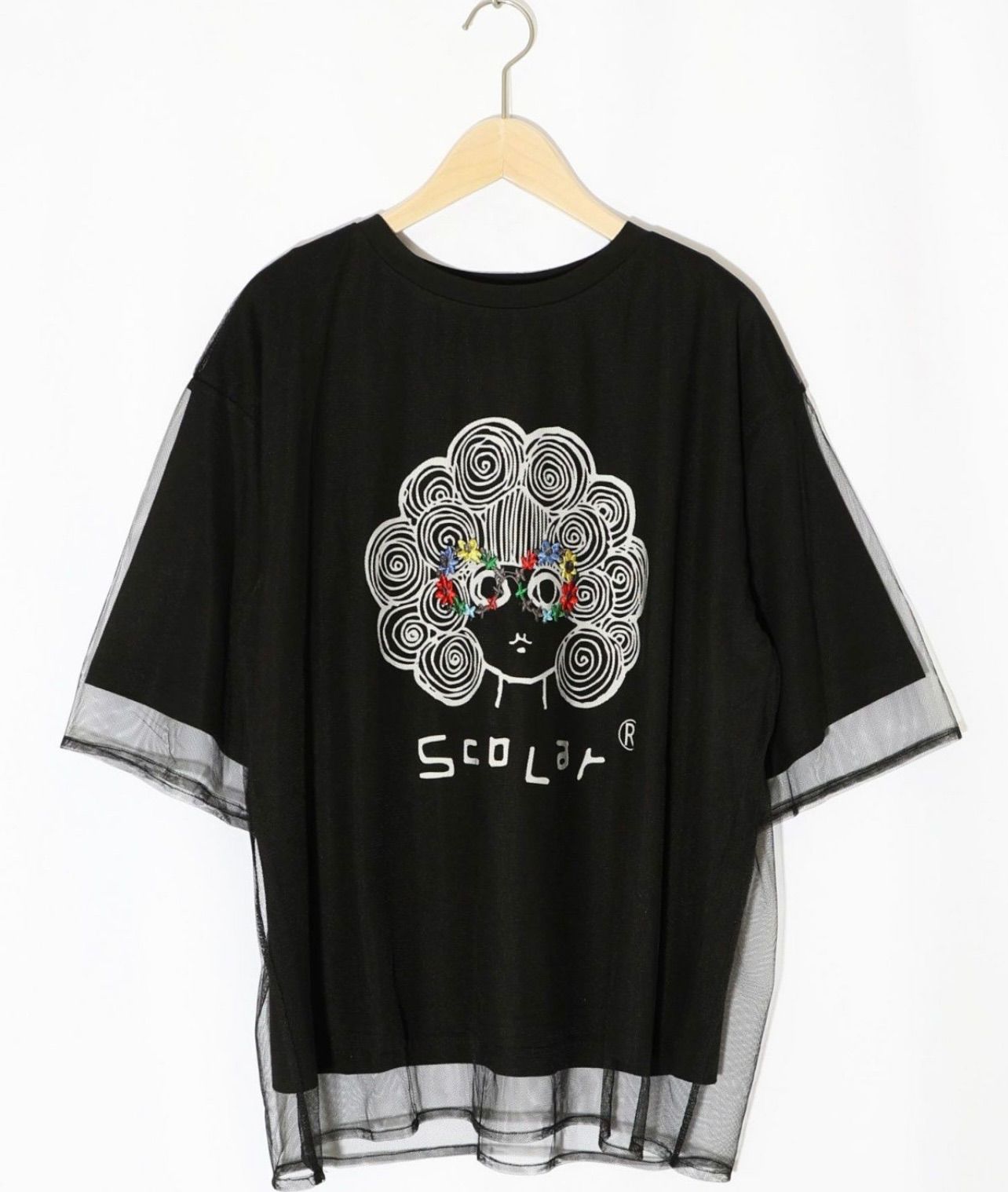 ス scolar 152669 花メガネ刺繍 ス ちゃんチュール重ねプルオーバー