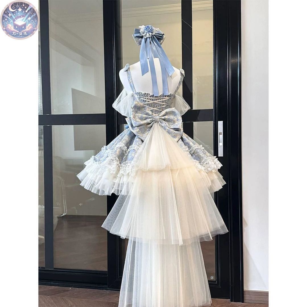 ♥ ブルージャカード コルセットドレスセット フランスバレエ風 ロリィタ 薔薇リボン