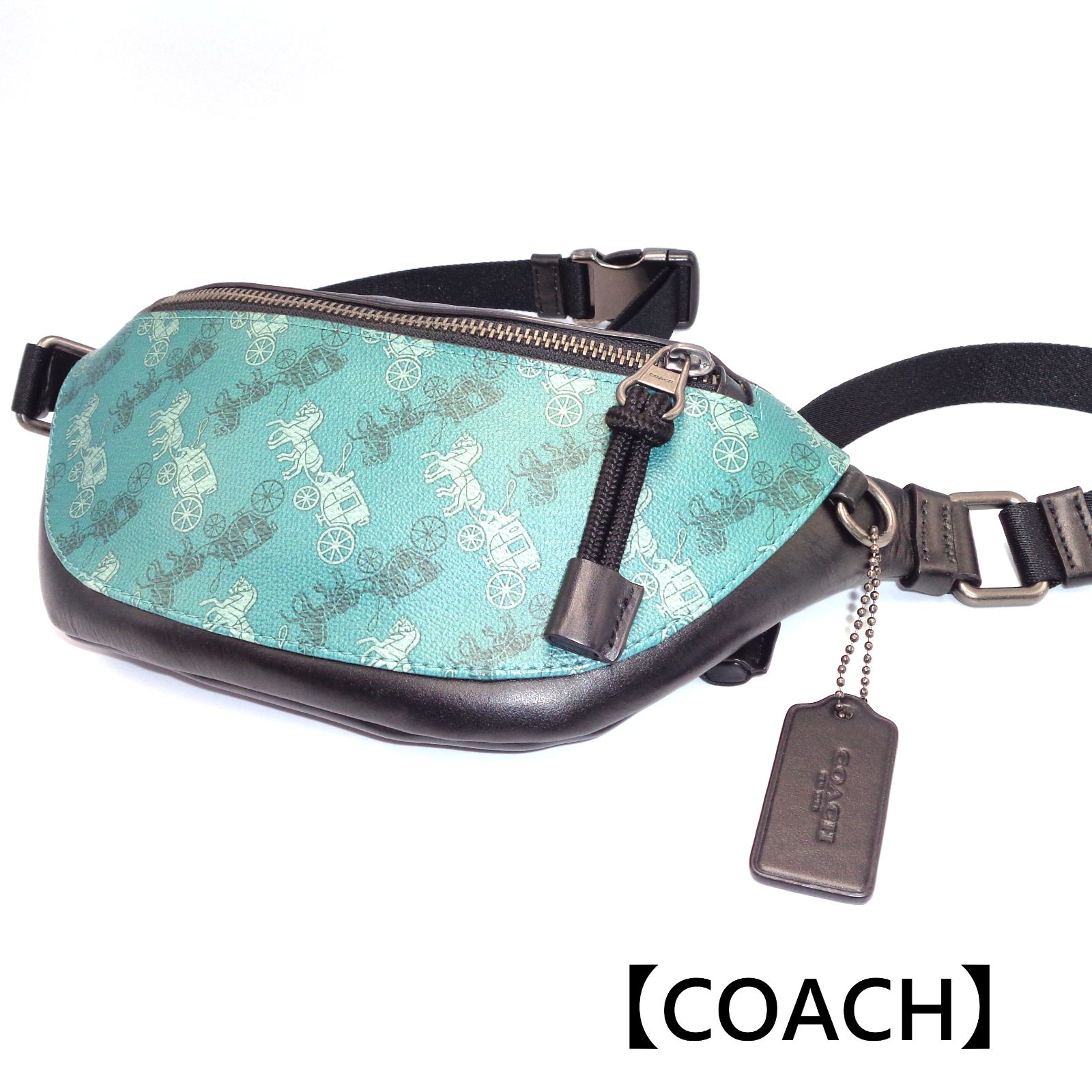 ◇値下げ◇ ◇美品◇ ◇COACH◇ コーチ ウエストポーチ 黒 青緑 F83411