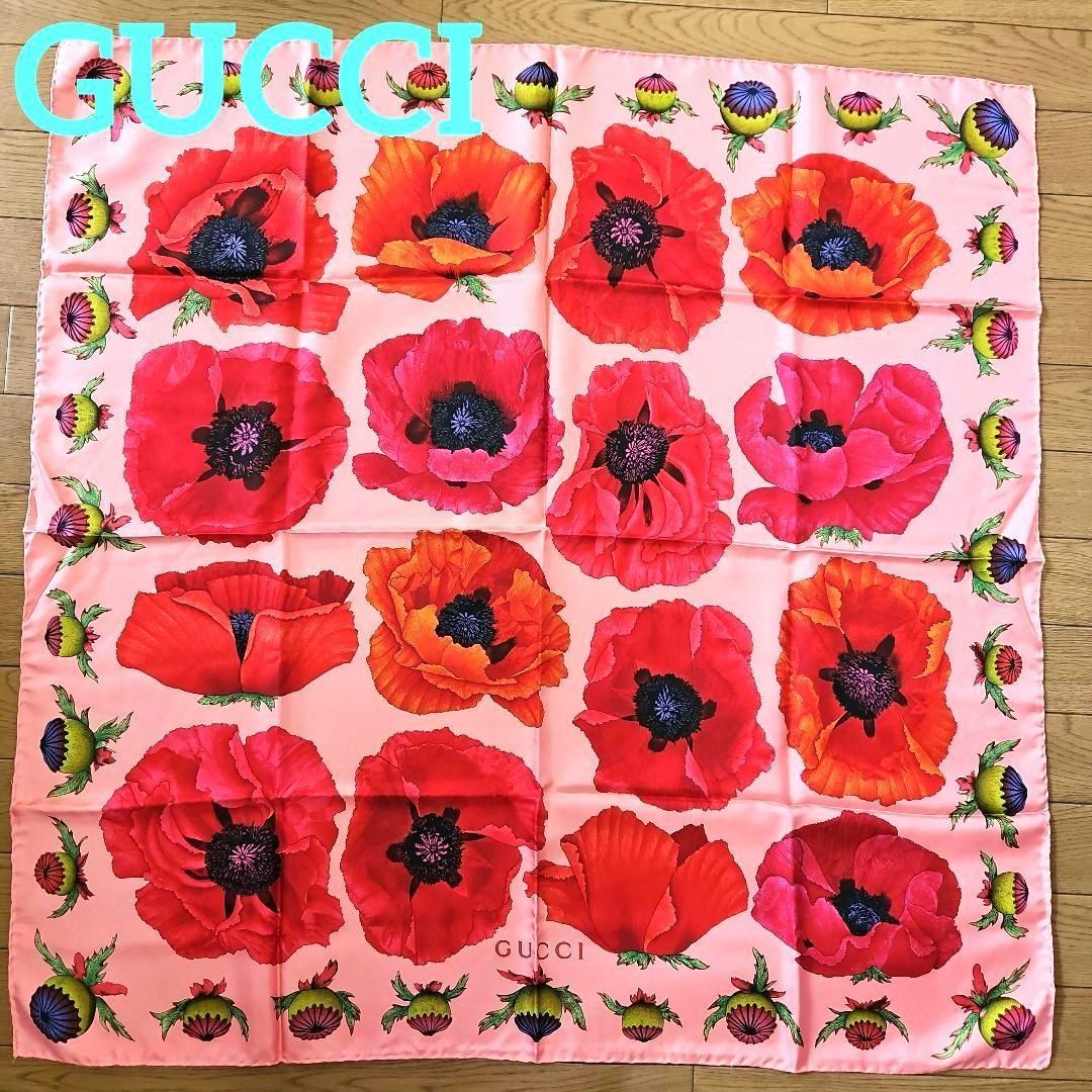 Gucci シルク　100% スカーフ　花柄　美品 GUCCI/グッチ】 花柄 未使用品 スカーフ シルク100％ 白×マルチ