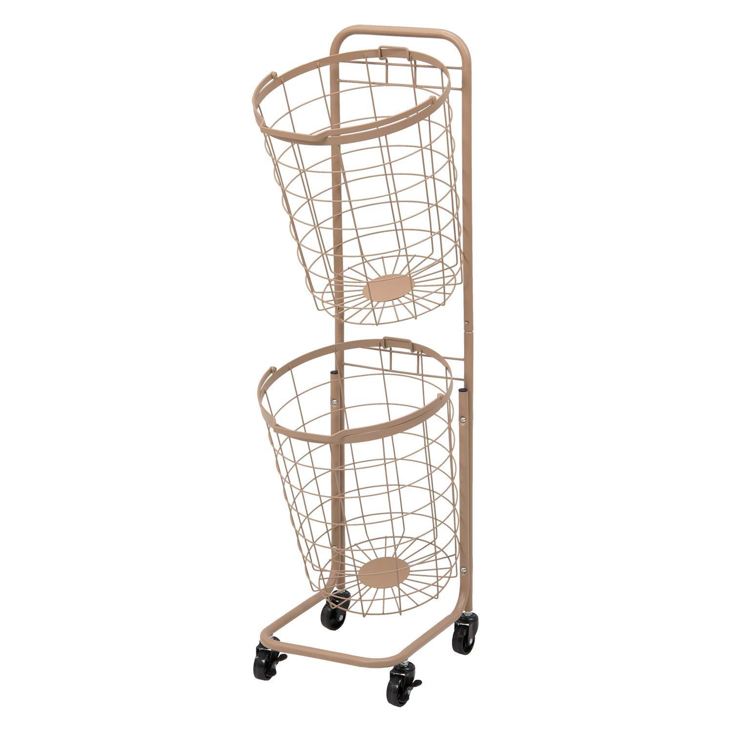ランドリーラック バスケット 脱衣 萩原 洗濯物 かご 2段 取り外し 積み重ねOK 大容量 ランドリーワゴン ワイヤー キャスター付 ベージュ KR-3972LT