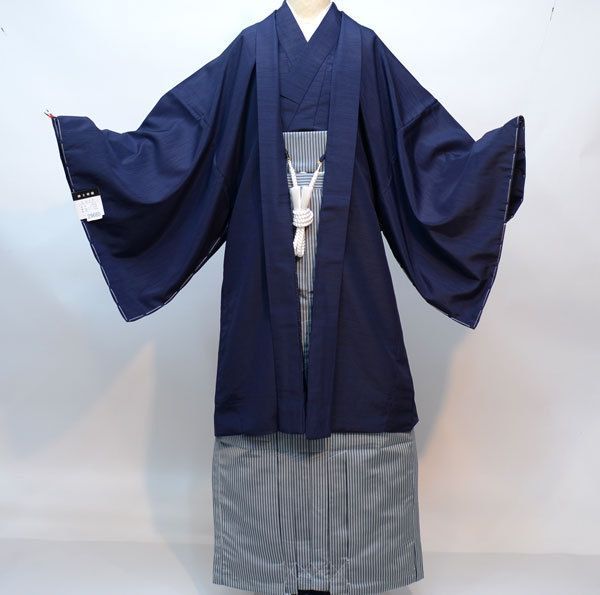 羽織 袴セット 紋付 紺色 袷 男性用 LLサイズ 適合身長175-185cm 半襦袢 角帯 羽織紐付き 紋入れ可 NO29660-LL