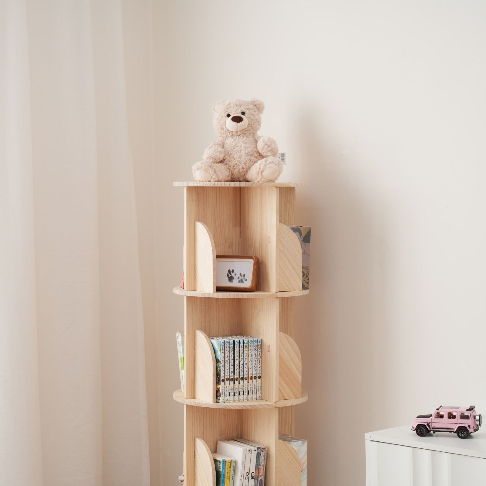 4段-回転盤タイプ】無垢材 回転式本棚 飾り棚 絵本棚 360°回転本棚