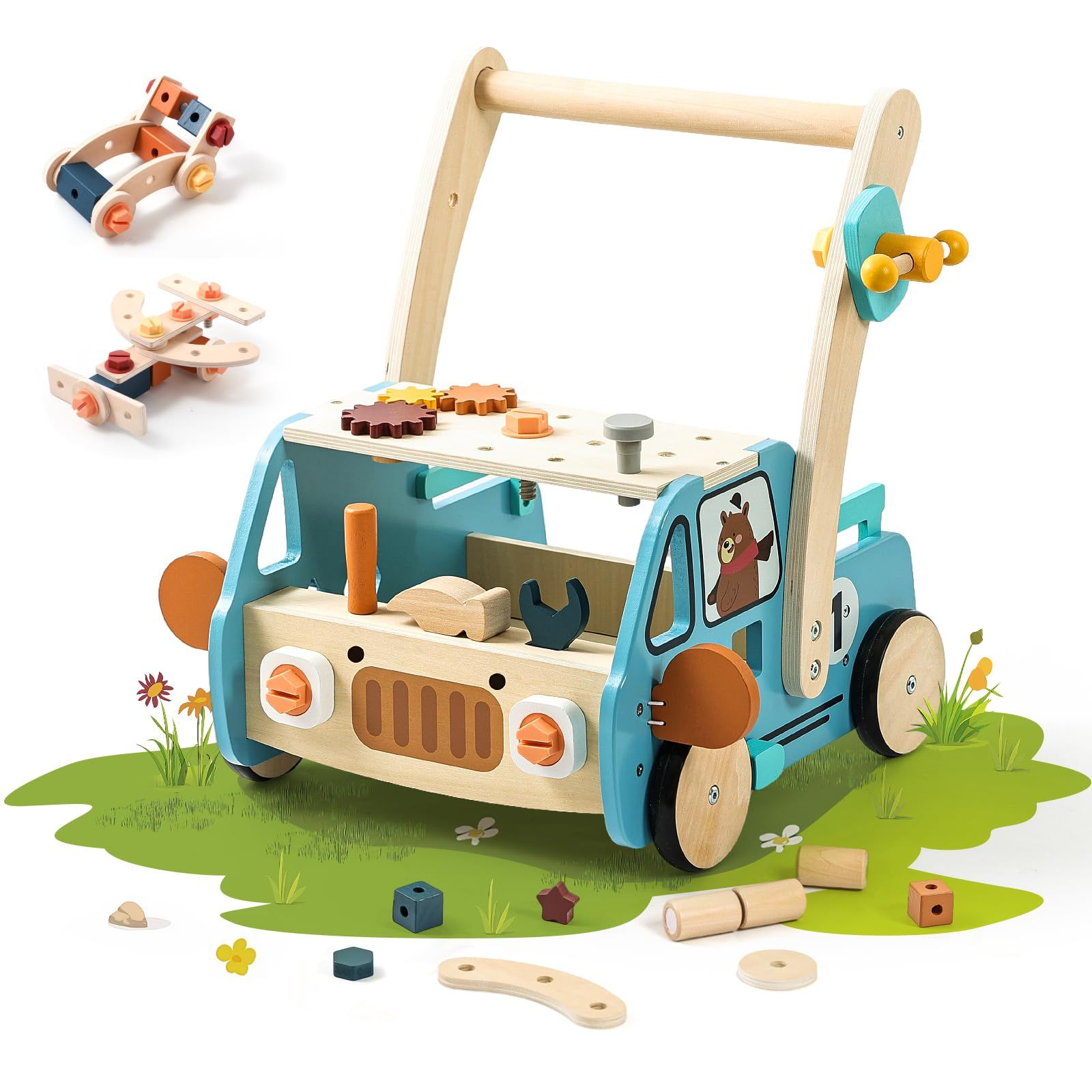 Mamimami Home 手押し車 赤ちゃん 木製 カタカタ おもちゃ 大工ごっこ 子供 1歳 お祝い 誕生日プレゼント ブルー