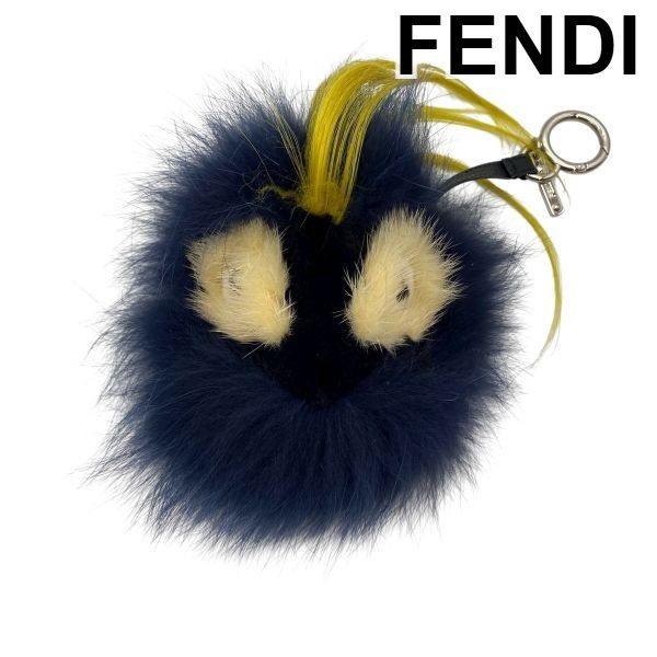 ● フェンディ FENDI ファー ポンポンチャーム バッグバグズ モンスター バッグチャーム ネイビー 黄色 ファー レザー レディース 5E067