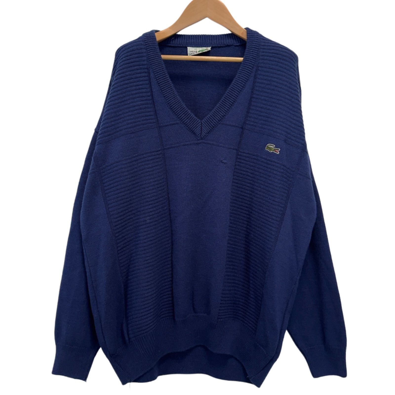 ビンテージ 80s ラコステ LACOSTE XL相当 フランス製 CHEMISE LACOSTE コットンニット ニット セーター ネイビー ブルー系 フララコ ヴィンテージ 古着 J604