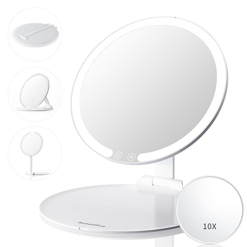 Beautifive LED 化粧鏡 女優ミラー 卓上ミラー 折り畳み式 ライト付きミラー 10倍拡大ポケットミラー付き HDミラー どこでも持ち運び USB充電1週間利用可能 側面ガイドライトテクノロジー採用 ４